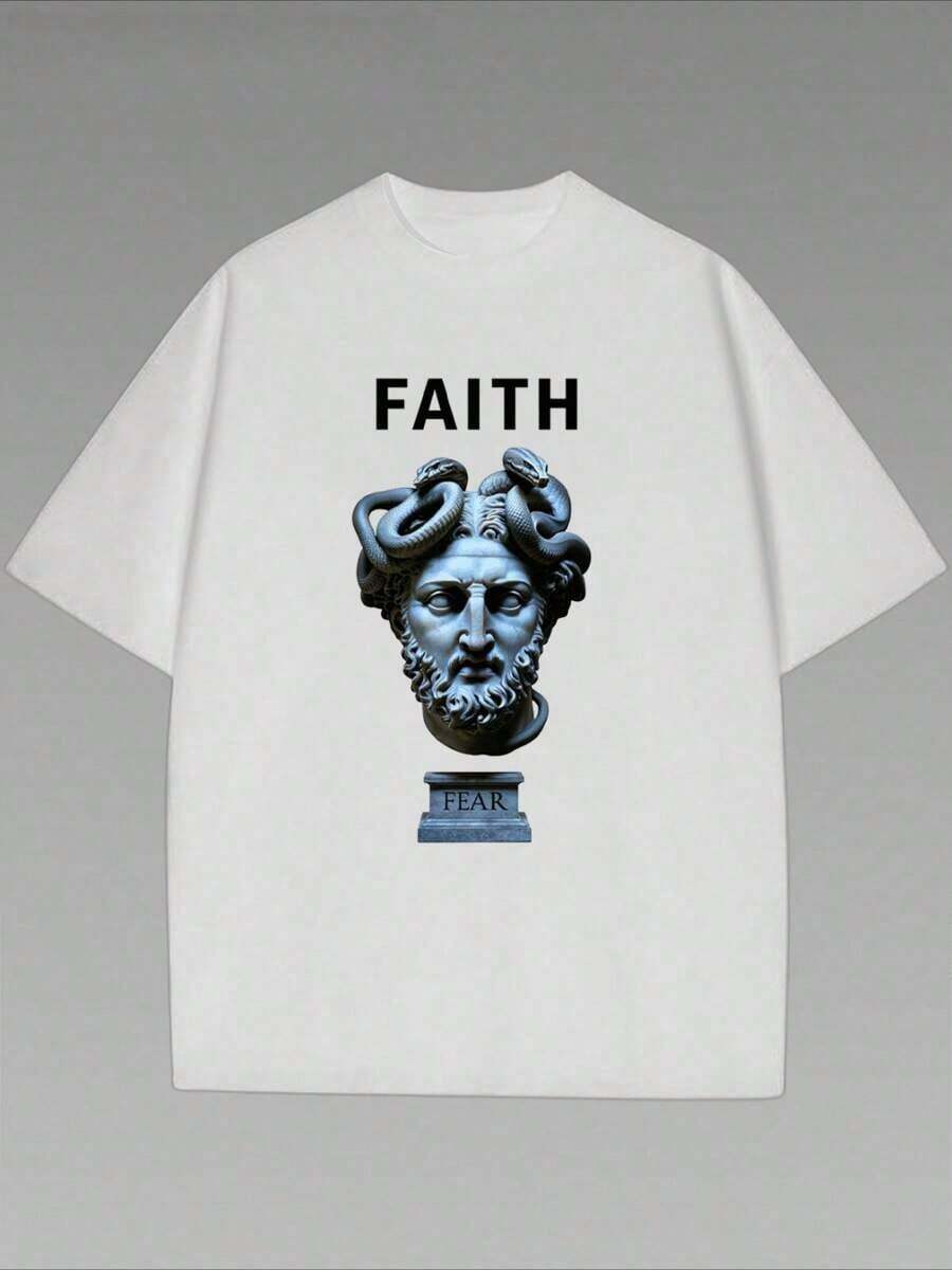 Vintage Casual T-Shirt With Greek Statue Head And Snake Print, 1 Piece, 220g Heavy Cotton - 白色 - 查看 1