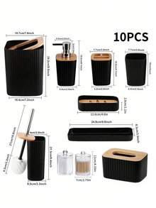 Bathroom Accessories Set, 10-Piece Bathroom Set, Black Bathroom Accessories With Slim Trash Can, Soap Dispenser, Toilet Brush, Toothbrush Set, Qtip Holders Vanity Tray Tissue Box Cover - Multicolor - View 16
