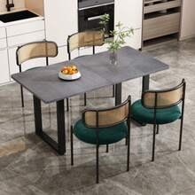 Conjunto de 6 cadeiras de jantar em veludo, modernas e simples, com quatro pés de metal para maior conforto. Disponíveis em rattan, ideais para sala de estar e quarto. Cor verde. - Verde - Ver 1