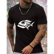 180GSM Pure Cotton Printed T Shirt Showcasing Fish Cartoon Print Art Menacing Fish Cartoon Print Mens Casual Summer Design Breathable And Durable Fabric Adopting Knitting Technology Soft And Easy To Clean Comfortable To Wear Perfect For Fishermen Offers A Funny Personality - 黑色 - 查看 2
