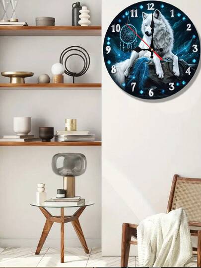 1 Pc 10 Inch/12 Inch Vintage Wolf Theme Silent Wood Wall Clock - Dreamcatcher Design, Perfect For The Kitchen, Bedroom Or Office - Batteries Not Included