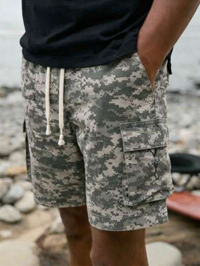1pc Men's Outdoor Casual Shorts, Breathable Sports Style, Drawstring Waist, Multiple Pockets Including Slant Pockets And Large Flap Pockets, Camouflage Pattern, Straight Leg, Suitable For Outdoor Activities Like Hiking, Camping, Mountaineering And Daily Casual Wear