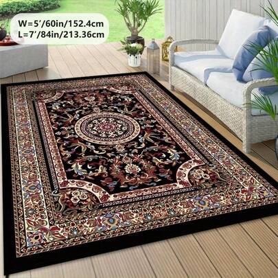 1 قطعة سجادة خارجية ذات قاع مانع للانزلاق من الفلوريت المخملي، بنمط فارسي عتيق زخرفي، سجادة قابلة للغسل في الغسالة وذات متانة عالية، مناسبة للشرفة والفناء والمدخل والمركبات الترفيهية