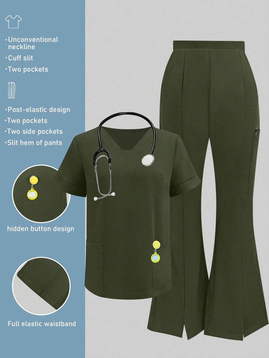 Solid Color V-Neck Short Sleeve Top And Split Leg Pants Nurse Scrub Uniform, Lab/ Center/Veterinary Hospital Work Wear Set With Pockets Spring - Army Green - View 1