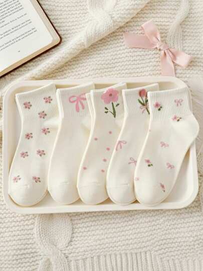 5 Pairs Kids Spring/Summer Bow, Polka Dot, 3D Flower White Lolita Frilly Elastic Mid-Calf Socks, Suitable For Back To School And Outdoor Wear