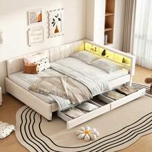 Daybed, 140x200cm, Daybed, Sofa Bed, Bed Reception Area, Bed With Two Drawers, With Slatted Base (Mattress Not Included), Linen, Beige - Beige - View 5