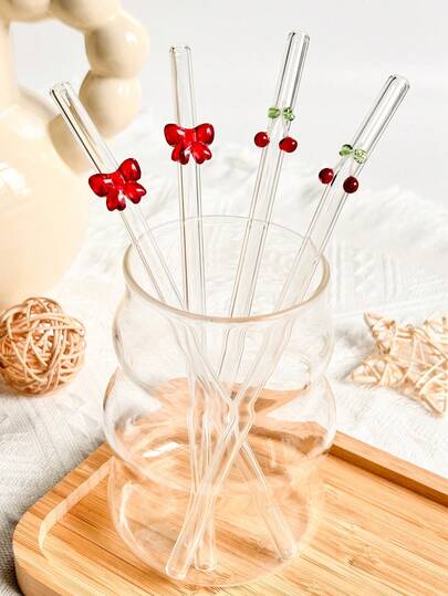 مجموعة słomki szklane z uroczym rysunkowym czerwonym kokardką/wiśnią, wielokrotnego użytku, giętkie, przezroczyste, nadające się do akcesoriów kuchennych, kubków, dekoracji słomek, koktajli mlecznych, bąbelkowej herbaty, soków, drinków, fajny prezent na powrót do szkoły, Walentynki, ukończenie szkoły, imprezy