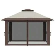 Folding Gazebo 4x4m, Adjustable Height, UV Protection And Voile Curtains, Double Beige Roof For Garden Parties - Camel - View 8