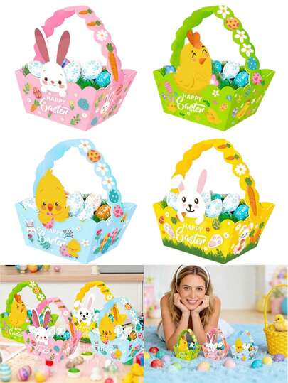 12个装纸质复活节篮子，复活节糖果盒，派对礼品盒，带提手，鸡蛋容器，适合儿童复活节彩蛋寻宝游戏、家庭聚会、学校派对用品