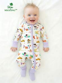 MIOZING  Bamboo Viscose Baby Romper With Two-Way Zipper,Cute Dino Print, Breathable & Cozy,Breathable Long Sleeve Jumpsuit Sleepwear For Boys Girls 0-24M - 淡紫色 - 查看 1