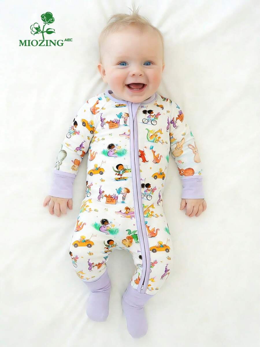 MIOZING Bamboo Viscose Baby Romper With Two-Way Zipper,Cute Dino Print, Breathable & Cozy,Breathable Long Sleeve Jumpsuit Sleepwear For Boys Girls 0-24M - 淡紫色 - 查看 1