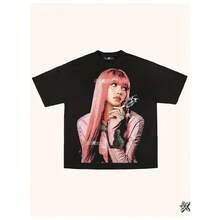 LISA SHIRT Graphic Print T-Shirt  Regular Fit Lack With Pink Artwork, All-Season Casual Wear, Ideal For Valentine's Day, - màu đen - Xem 2