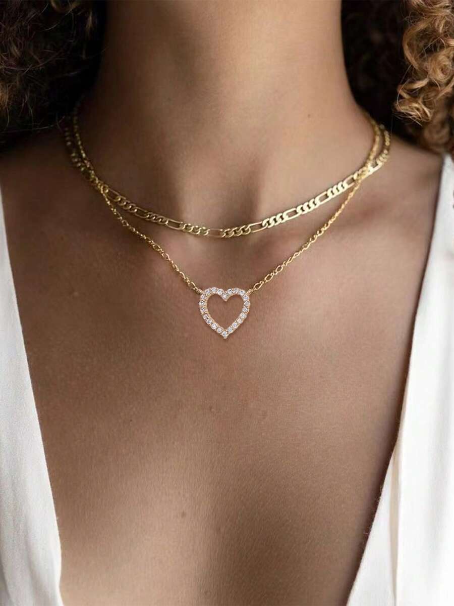 2pcs/Set Kalung Liontin Berbentuk Hati Tembaga Elegan dengan Batu Zirkonia Kubik, Cocok Dipakai Berlapis, Hadiah untuk Pacar di Hari Valentine - Yellow Gold - View 1
