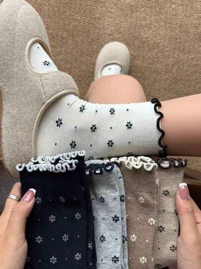 5足セット フローラルレーストリミング ミッドカーフソックス、多用途なミニマルデザイン、通気性、様々なスタイル