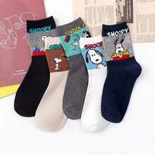 SNOOPY 1/3/5/10双装卡通时尚中筒袜，男女通用，舒适柔软运动袜，季节性中筒袜，史努比卡通图案，百搭柔软舒适袜 - 彩色 - 查看 5