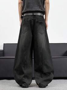 1 chiếc quần jeans nam ống rộng rách phối nhiều mảnh kiểu Nhật, quần denim dáng rộng phong cách vintage (Không bao gồm thắt lưng và phụ kiện) - màu đen - Xem 2