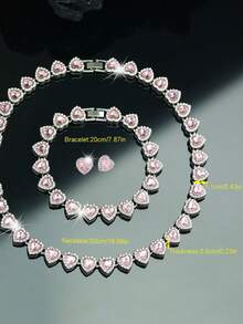 CVNANA 3pcs Set Cute Light Pink Heart Shaped Cuban Link Necklace + Bracelet Matched With Cubic Zirconia Heart Stud Earrings, Hip Hop Style Chain, Luxury Jewelry Set, Suitable For Valentine's Day, Birthday, Music Festival Gift - Heart Shape - View 12