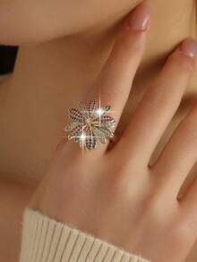 jealous young 1枚优雅多色花卉立方氧化锆女士结婚戒指，时尚饰品，适合日常、通勤、度假和旅行佩戴 - 彩色 - 查看 3