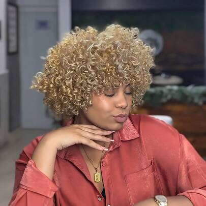 Looking Brazilian Virgin Human Hair Wig - Afro Kinky Curly Pixie Cut Bob With Bangs, 200% Density None Lace Front | Voluminous Curly Hair Suitable For Daily Wear & Party & Holiday