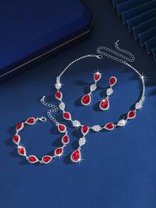 1 Set Copper Material Sparkling Crystal + Inlaid Teardrop Gemstone Necklace Set (Necklace + Earrings + Bracelet), Fashionable Accessory - 1662796 Red Suit - View 5