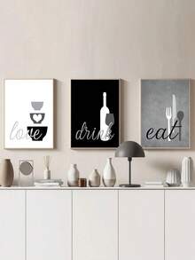 三件套厨房墙画，“吃喝玩乐”主题，灰、黑、白单色现代帆布海报设计，创意防水，绝佳礼品之选，也适用于卧室、客厅、家居和宿舍装饰，是房间装饰、西式装饰、家居装饰、现代风格房间装饰、帆布墙画或厨房装饰的理想之选。不含画框。 - 3pcs - 查看 2