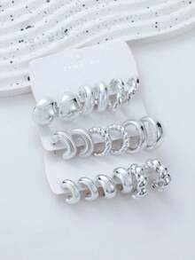 3 Pairs/9 Pairs Thick Silver-Tone Earring Set For Women, Low Allergy Hypoallergenic Earring Set - Silver - View 1
