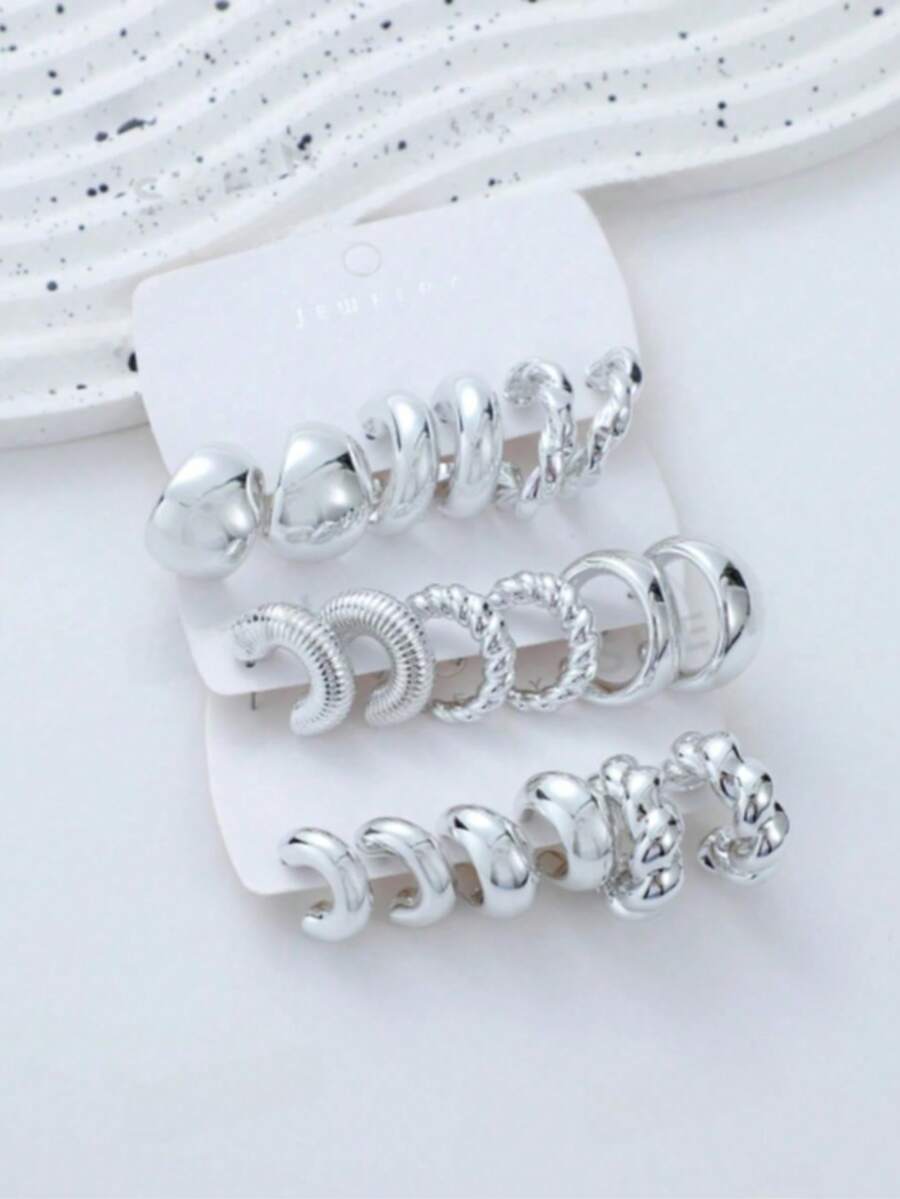 3 Pairs/9 Pairs Thick Silver-Tone Earring Set For Women, Low Allergy Hypoallergenic Earring Set - Silver - View 1