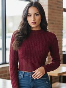 Women's Cropped Textured Knit Long Sleeve Ribbed Knit Top - Autumn/Winter Fashion - Black - View 4