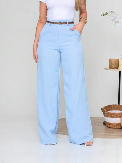 Calça Pantalona straight com Bolso e Zíper Botão Escritório C796