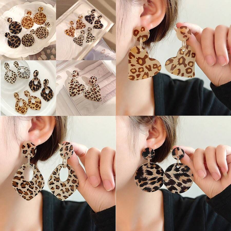 1Pair Maillard Leopard Print Heart Acrylic Studs, Hong Kong Style Light Luxury Minimalist Design For Women Fall Winter Daily Wear Party Fashion Jewelry - E6781/Beige Heart - View 1