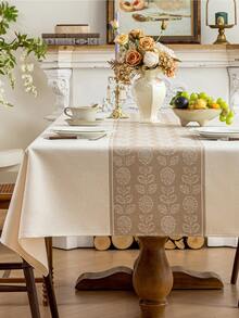 1pc Plant Pattern Jacquard Water Repellent Tablecloth, Polyester Fabric, Rectangular Or Square, Suitable For Restaurant, Living Room, Dining Table Decor, Machine Washable - Brown - View 9