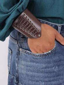 1PC Adjustable Brown/Black Faux Leather Arm Cuffs With Metal Eyelets Lace-Up Design Streetwear Accessory - 1PC - View 8