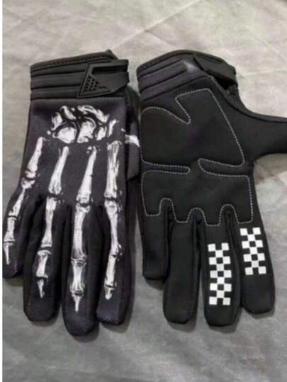 1 双复古触摸屏黑玫瑰图案骑行户外运动耐磨手套，适合骑自行车、骑摩托车和滑雪，黑色手套，冬季暖手器