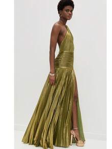 2026 Valentine's Day Dinner Dress - Women's Metallic Pleated Backless Sleeveless Tie Neck Split Gown - 橄欖綠 - 查看 4