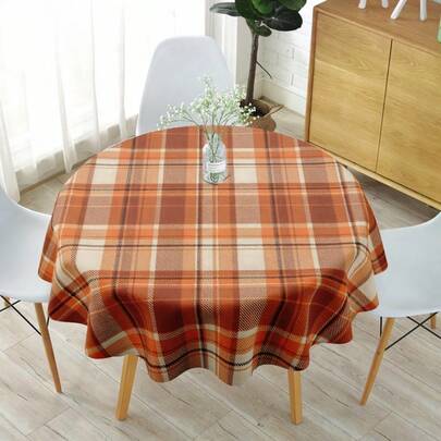 1 pieza Mantel redondo, patrón de cuadros clásico naranja-marrón y crema, lino decorativo para mesa de comedor, decoración del hogar y reuniones diarias