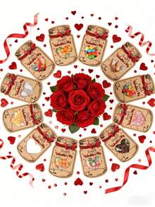 24pcs Valentine's Day Mason Jar Candy Cards With Heart-Shaped Window, Kraft Paper Gift Bags, Suitable For Classroom Exchanges, Party Favors, Desserts, Chocolate Cookies Gifts, DIY Crafts, Valentine's Day Wedding Gifts - Multicolor - View 3