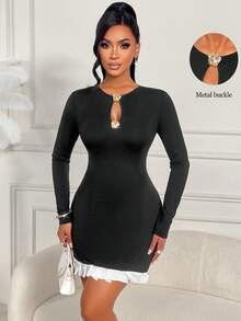 AIJ Amarilo Women's Elegant Contrast Color Hollow Metal Buckle Ruffle Long Sleeve Dress, Black, Suitable For Autumn/Winter Party, Wedding, Date, Halloween Occasions - Kose - View 5