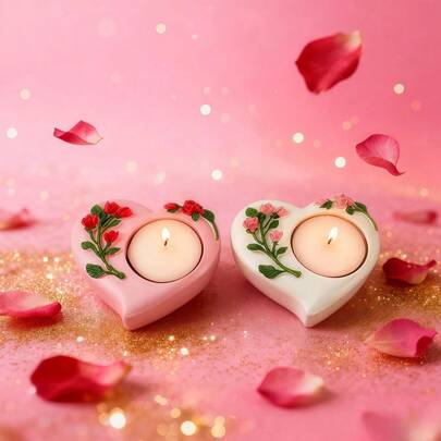 1 Pc Exquisite Romantic-Style 2.95x2.75x0.98inch (7.5x7x2.5cm) Heart-Shaped Rose Tealight Holders (Ceramic Material, Pink Flower Elements) For Valentine's Day, 2026 New Year, Birthday Party Decor, Wedding Table Ambiance, Anniversary Celebrations, Romantic Home Decor Supplies