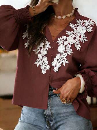 Spring New Vintage Elegant Women's Shirt: Rust Red V-Neck Cardigan With Button, Puff Sleeves And White Embroidered Design, Retro Chic, Loose Fit H-Line For Vacation & Leisure