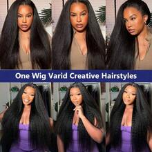 34inches Natural Black Kinky Straight 13x4 Lace Front Wigs HD Human Blended Hair With Curly Baby Hair For Woman 200% Density Pre Plucked Italian Yaki Lace Front Human Blended Hair Wigs Kinky Edges Hairline Natural Hairline 8-36 Inches - Natural & Black - View 9