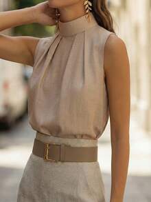 Áo kiểu cổ cao xếp ly thanh lịch, không tay dành cho nữ, thích hợp mặc đi làm mùa hè. - Màu Khaki - Xem 3