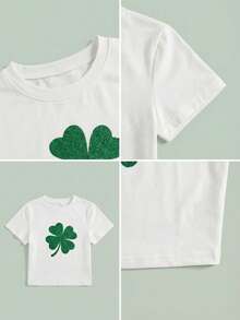 St. Patrick's Day Clover Print Slim Fit Women's Round Neck Short Sleeve T-Shirt, Spring/Summer - White - View 9