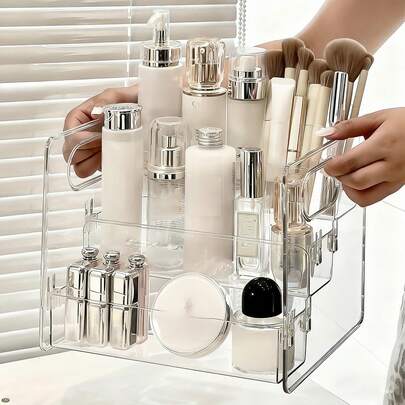 三层亚克力化妆品收纳盒，防尘收纳架，适用于梳妆台上的香水、护肤品、化妆品