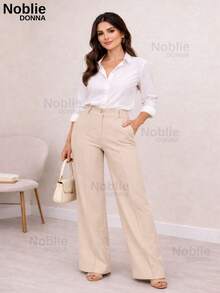 Women's Tailored Dress Pants, Wide Leg, With Zipper, Pockets, And Button, For Office Use. - Beige - View 3