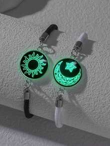 2pcs/Set Handmade Black & White Couple Bracelet Set, Moon & Star Glass Luminous Bracelet - Black and White - View 5