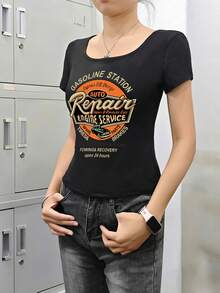 U领短袖T恤，美式辣妹风格，新款夏季字母印花，修身露脐女式上衣 - 黑色 - 查看 2