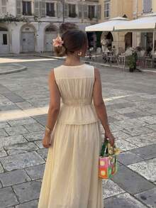 Vuslat 法式浪漫甜美度假风女士两件套，包含一条半身裙和一条长裙，系带装饰，适合通勤、约会、日常穿着、休闲装扮，春夏皆宜，也适合通勤、办公、日常穿着、派对、下午茶等场合。 - 黃色 - 查看 7