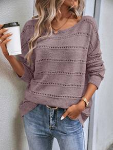 2026 Spring Women's Openwork Striped Knit Sweater - Oversized Boat Neck Casual Pullover Women's Boat Neck Daily Casual Top - 2026 Spring Soft Openwork Striped Pullover 2026 Spring Soft Boat Neck Pullover - Women's Openwork Striped Comfort Knit Top Women's Openwork Striped Casual Pullover - 2026 Spring Oversized Boat Neck Sweaterv - Hồng - Xem 5