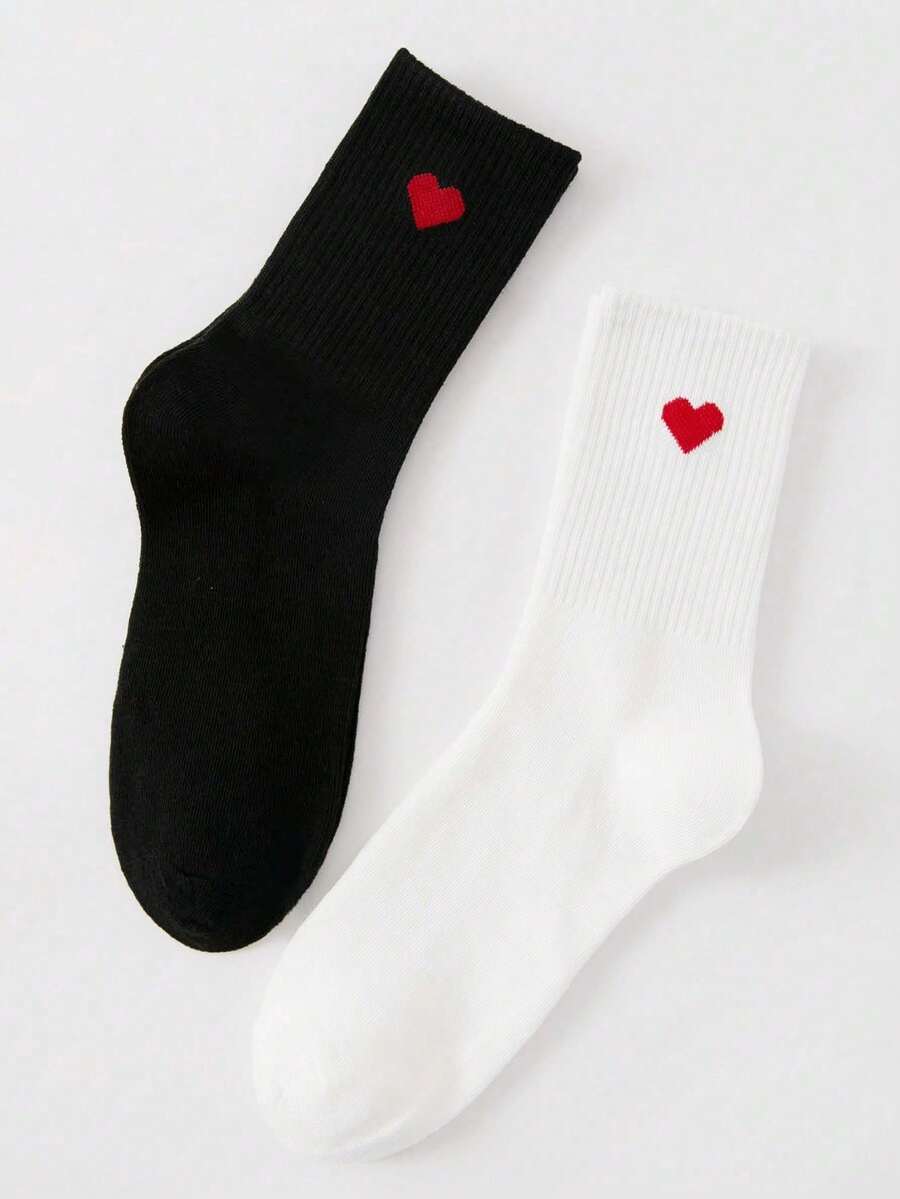 2 Pairs Women's Casual Mid-Calf Socks, Unisex Vintage Heart Pattern, Comfortable Soft Breathable, Suitable For Casual, Sports, Parties, Valentine's Day, Daily Wear, Back To School - Multicolor - View 1