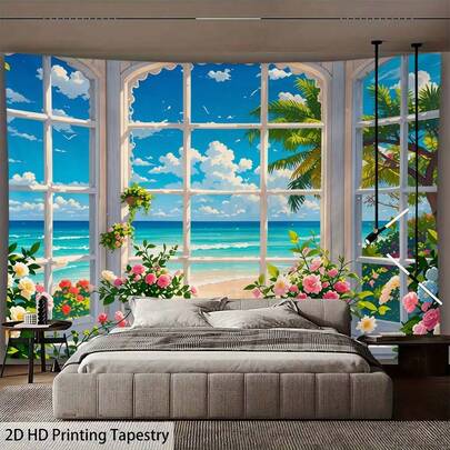1 Pc Polyester Wall Art Hanging Large Coastal-Style Tapestry Decoration Vibrant Floral & Seaview Room Decor Wall Decor Room Supplies Bedroom Tapestry Home Decor Bedroom Decor Art Wall Scene Blanket For Bedroom Living Room Aesthetic Home Interior Fresh Style Decorative Wall Cloth Hanging Cloth